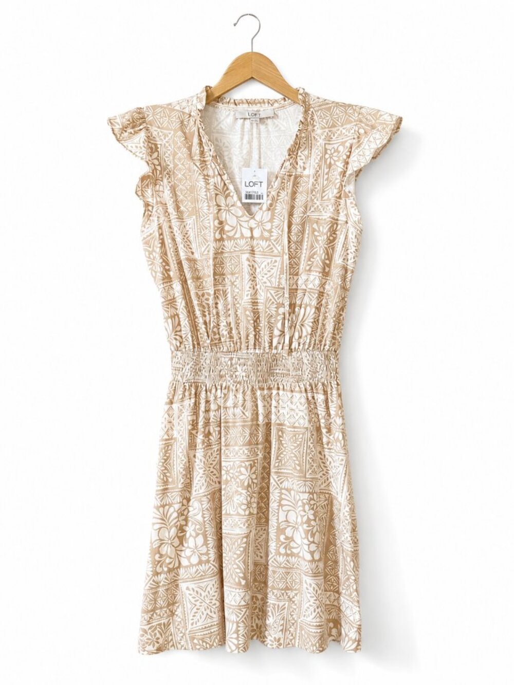 NWT LOFT Flutter Ruffle Sleeve Cotton Dress w/ Smocked Waist | Beige / Tan | XXS
